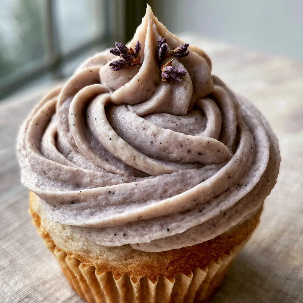 Vegan Lavender Buttercream: The Ultimate Stable Piped Frosting Recipe 1 Side-lit close up of piped lilac frosting with sharp defined edges on a neutral linen background.
