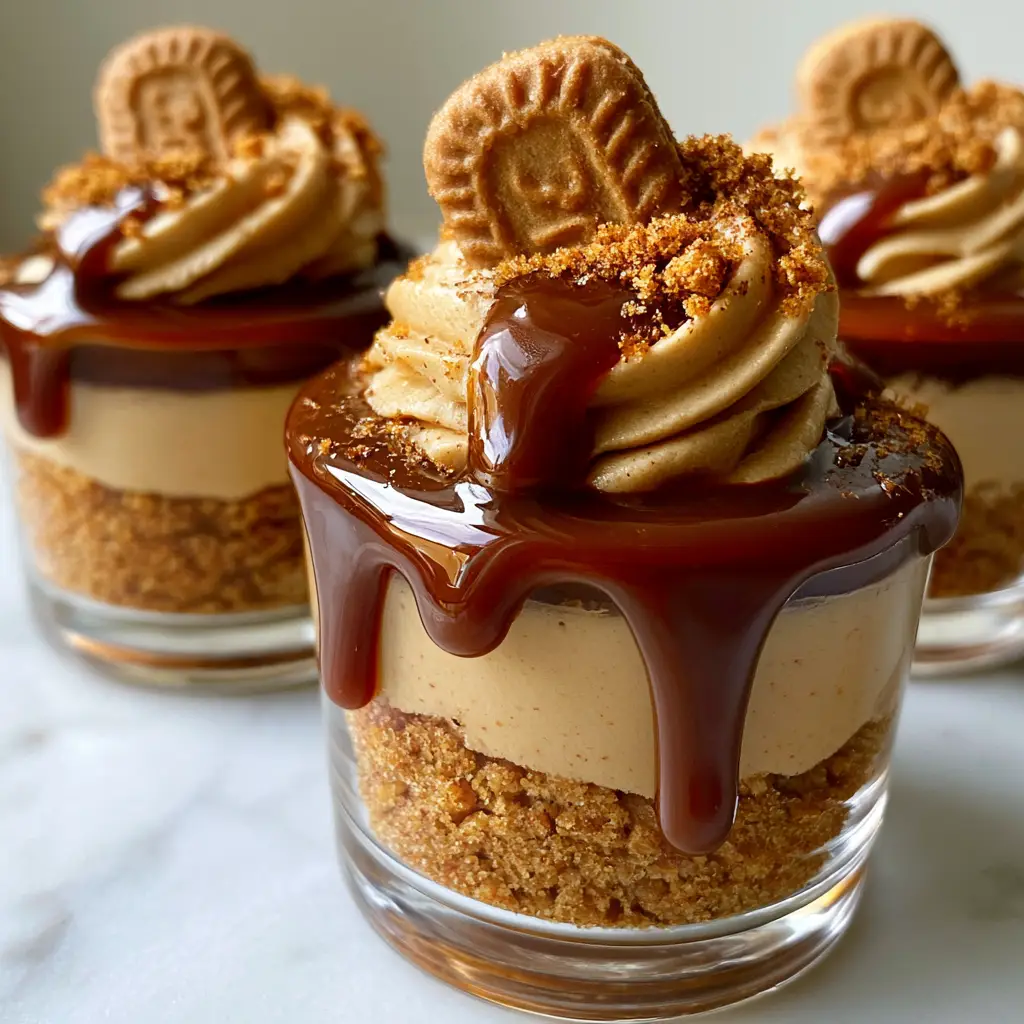 Close-up of a single Cookie Butter Cheesecake Cup showing the thick foundation of Biscoff crumbs and the mini biscuit garnish.