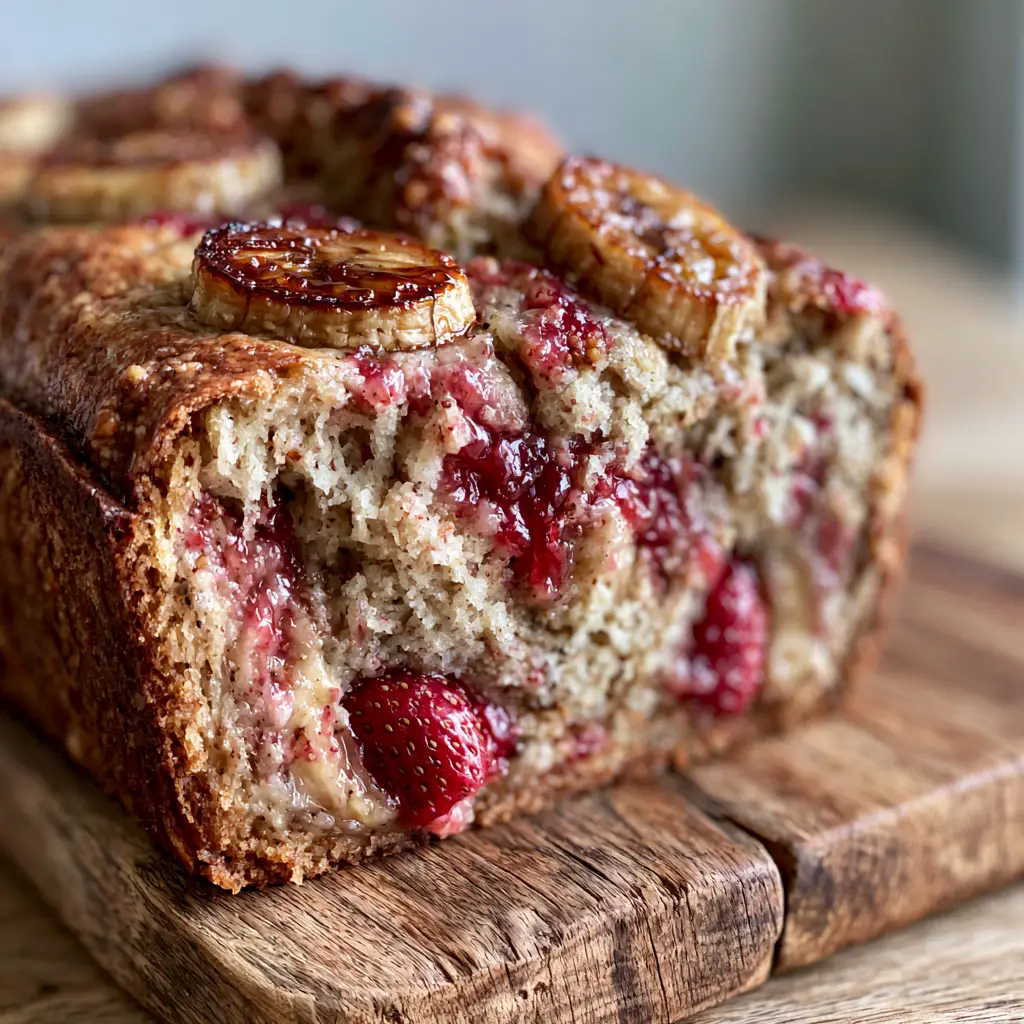 A top-down view of Strawberry Banana Bread with caramelized banana rounds and a golden-brown crust.
