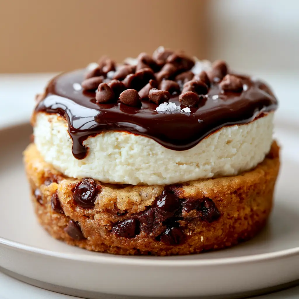 Top-down view of a cheesecake cup with glossy chocolate ganache and mini chocolate chips.