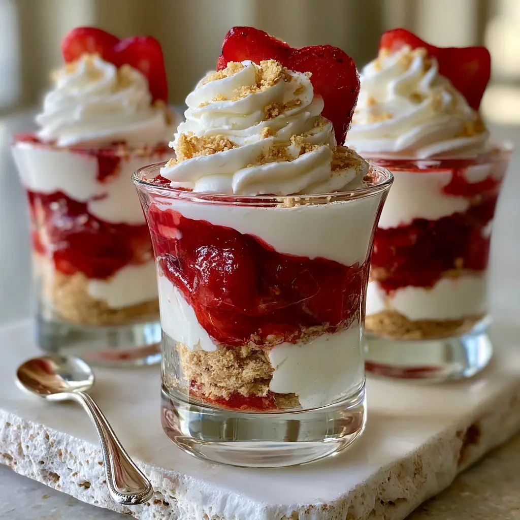 Handheld smartphone shot of mini strawberry parfaits on a marble surface with silver spoons.