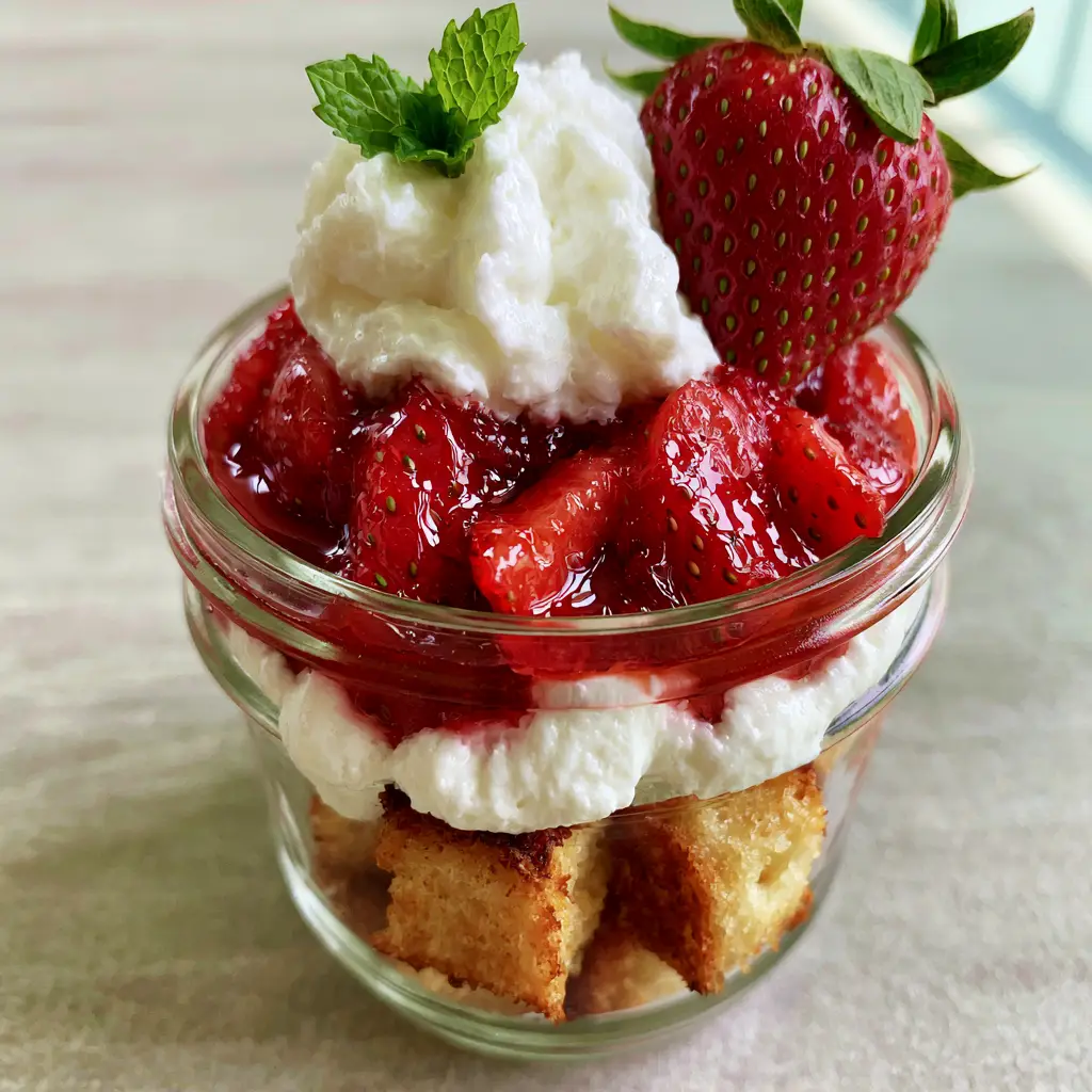 An individual strawberry shortcake trifle with a whole strawberry garnish and mint sprig on a wooden background.