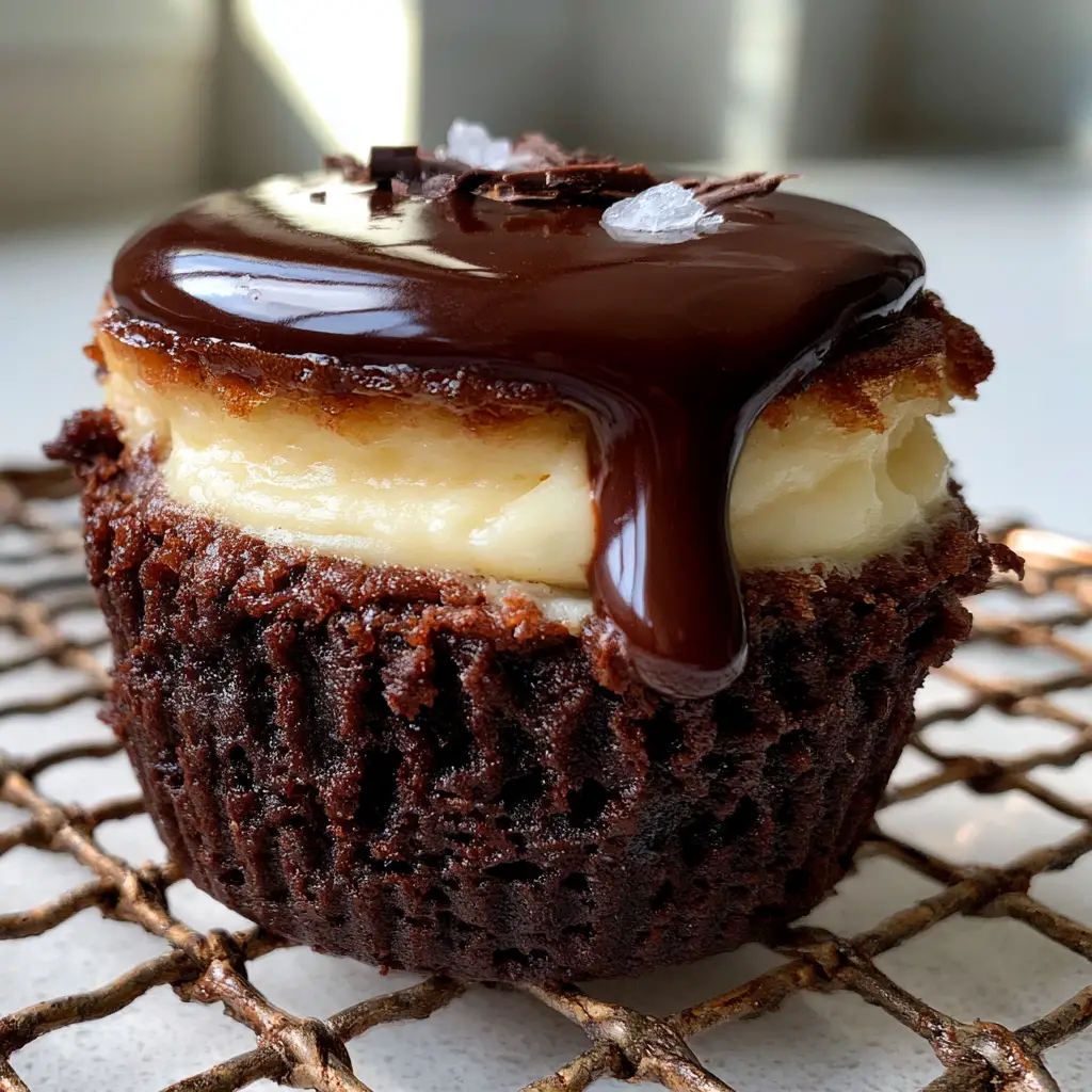 A side view of a brownie cheesecake cup showing the dark chocolate ganache mid-drip on a kitchen counter.