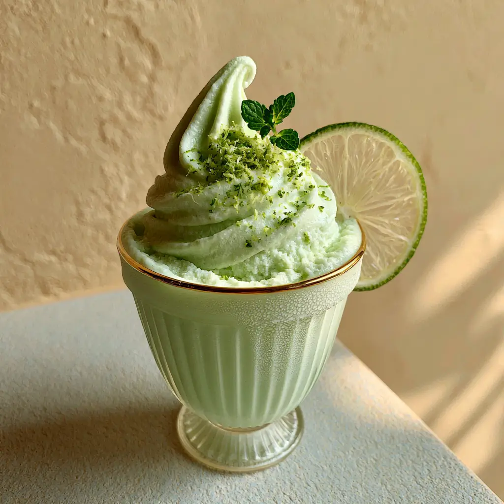 Frozen Limeade: The Ultimate Creamy Whipped Summer Refreshment 1 Frozen Limeade served in a condensation-covered vintage ribbed glass against a warm beige plaster background with soft natural daylight.
