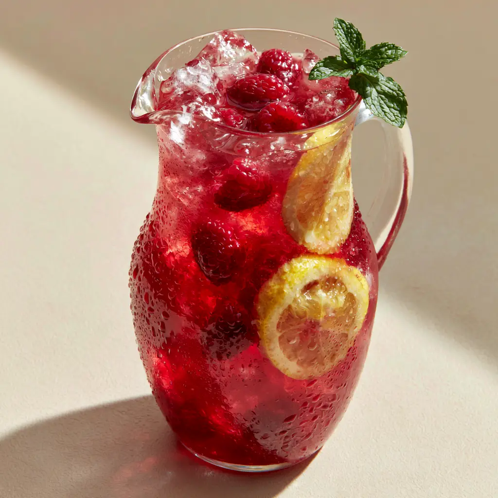 Professional food photography of Raspberry lemonade in a pitcher with water condensation beads and a mint sprig garnish.