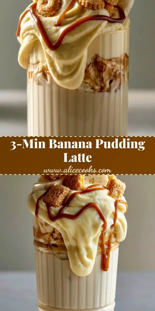 A professional shot of an iced banana pudding latte in a ribbed glass topped with vanilla wafers and caramel. (banana pudding latte)