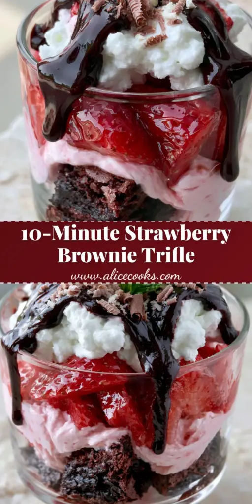 A close-up of an elegant individual glass dessert cup showing layers of the strawberry brownie trifle with fudgy brownies, pink cream, and fresh strawberries.