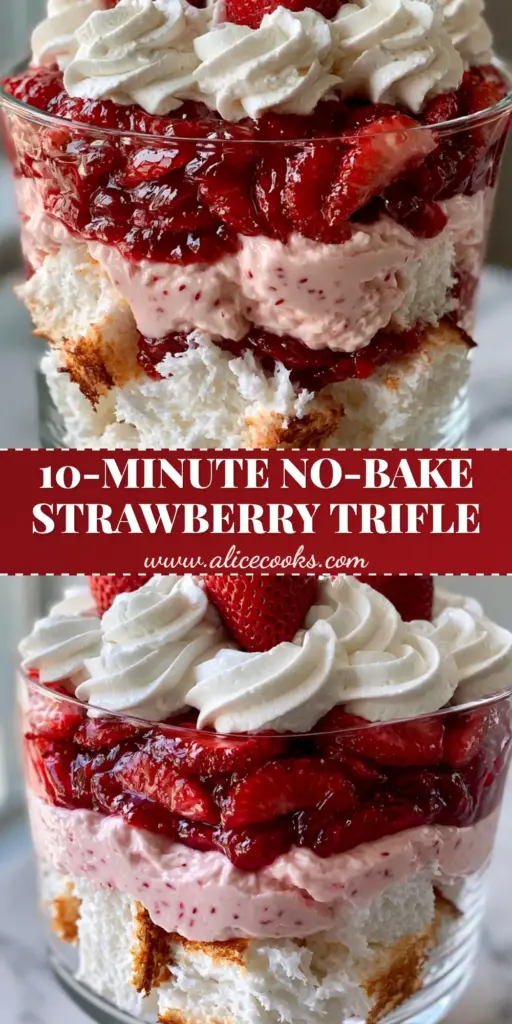 A tall glass trifle bowl filled with layers of toasted angel food cake, pink cheesecake mousse, and glossy strawberries on a marble counter. (strawberry shortcake trifle)