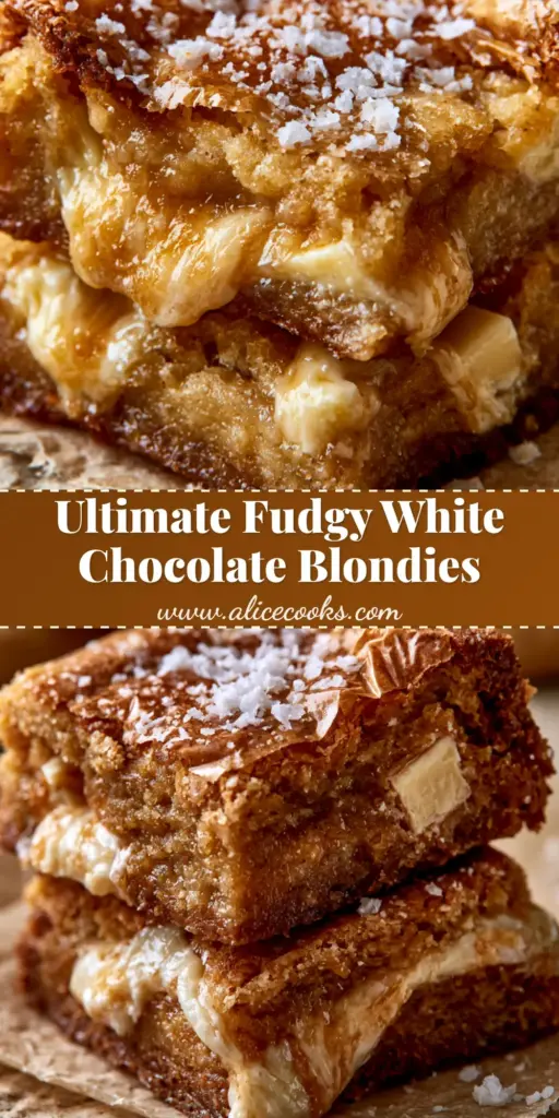 A stack of ultra-fudgy white chocolate blondies with a shiny crinkle crust and flaky sea salt on parchment paper.