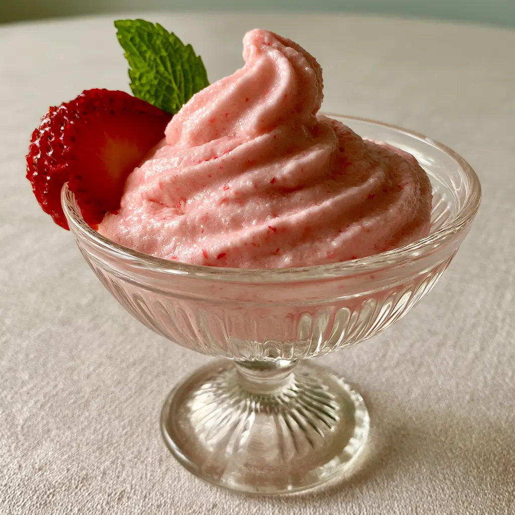 Strawberry Dole Whip: The Ultimate 4-Ingredient Dairy-Free Soft Serve 2 Close up of Strawberry Dole Whip showing the velvety texture and organic strawberry seed specks in a ribbed coupe.