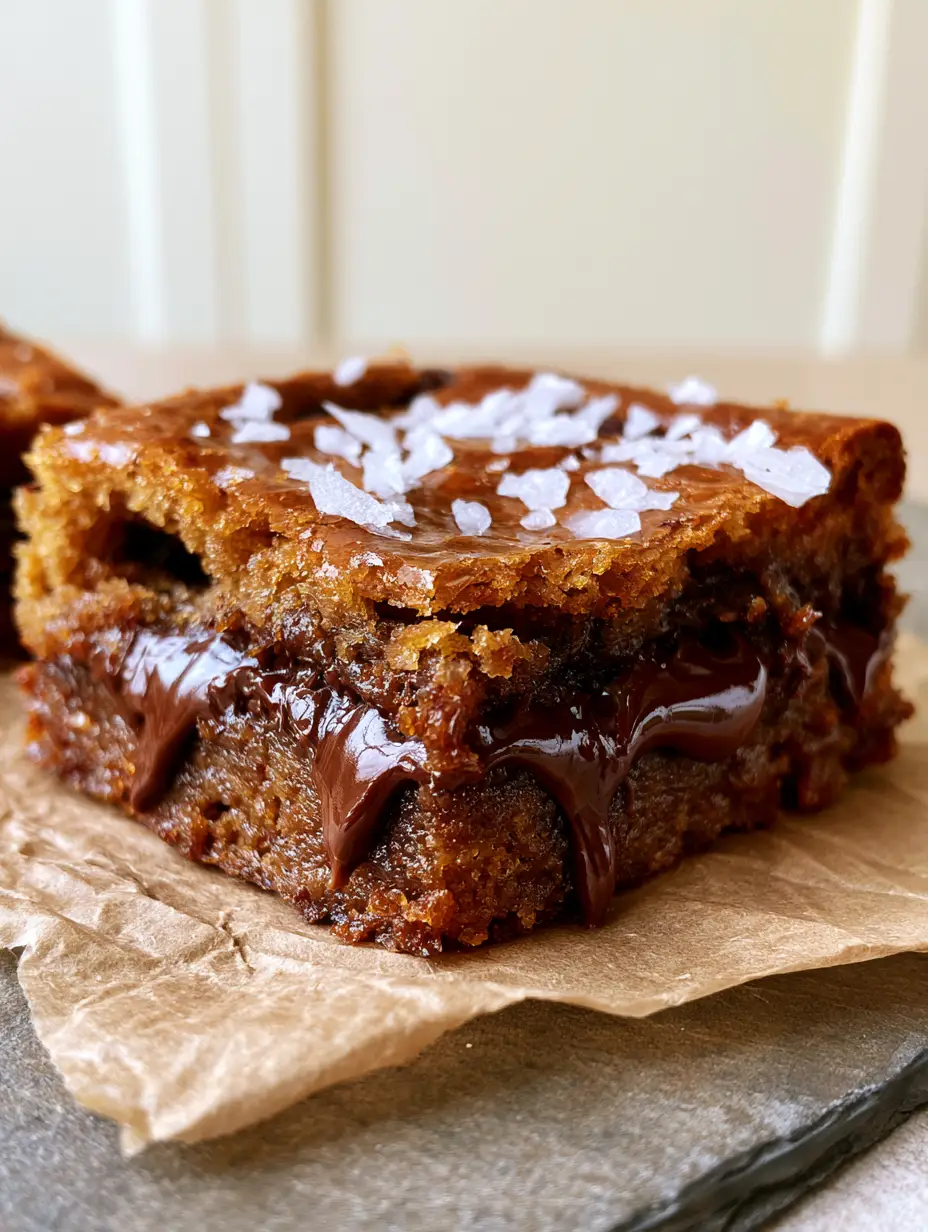 Eye-level close up of a single ultra-fudgy blondie bar cut in half showing a gooey center and crinkle crust. (Blondies recipe)