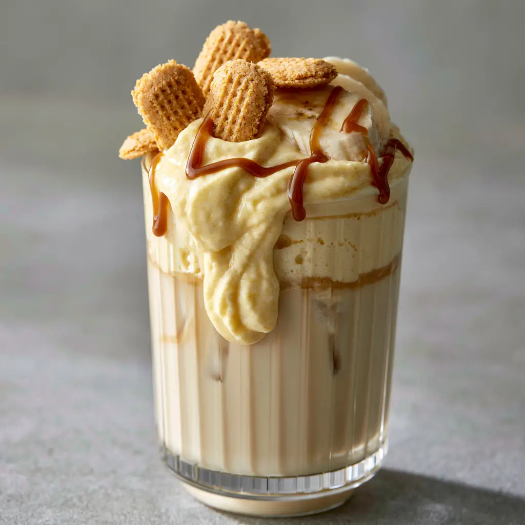 A close up of the garnishes including golden-brown mini vanilla wafers and a rich caramel zigzag drizzle.
