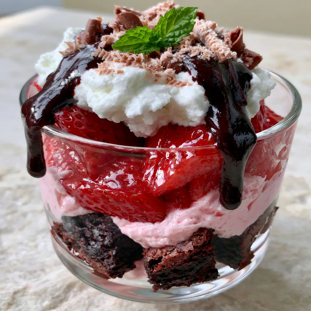 Close-up of the top of the strawberry brownie trifle featuring whipped cream, chocolate shavings, and fudge sauce.