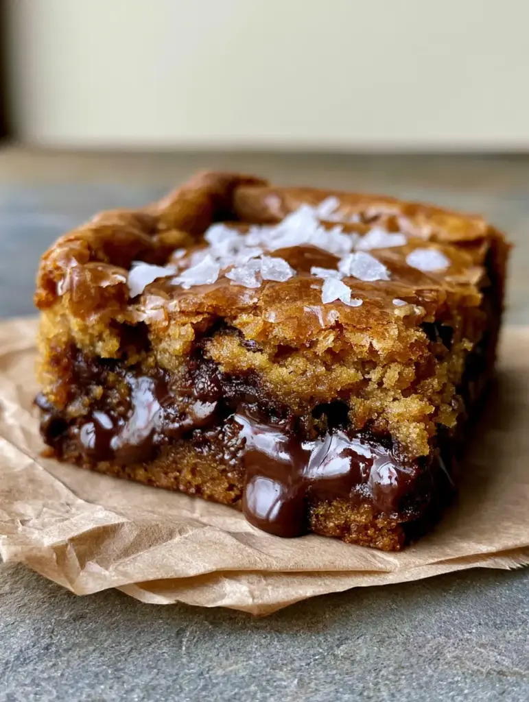 Close up of the shiny crinkle top of a blondie bar sprinkled with Maldon sea salt flakes.