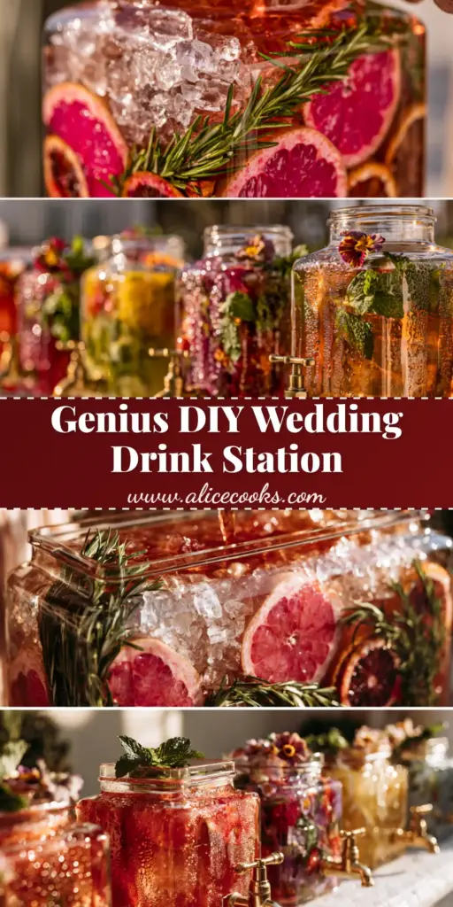 A sophisticated self-serve drink station for outdoor wedding drinks featuring ruby-red mocktails in glass dispensers with brass spigots.