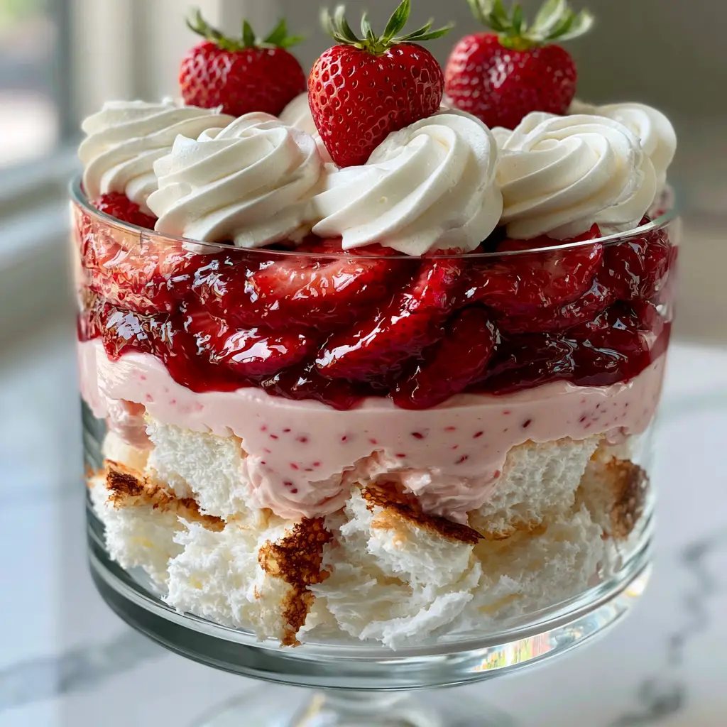 A side view of the strawberry shortcake trifle highlights the golden-brown toasted edges of the angel food cake.