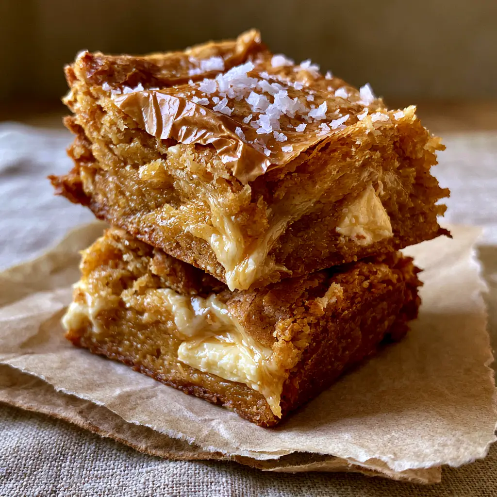 A close-up view of the paper-thin shiny crinkle crust on top of white chocolate blondies with sea salt.