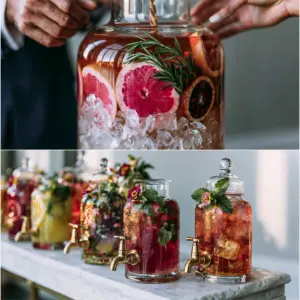 Close-up of hands pouring ruby-red liquid over crushed ice and citrus for outdoor wedding drinks.