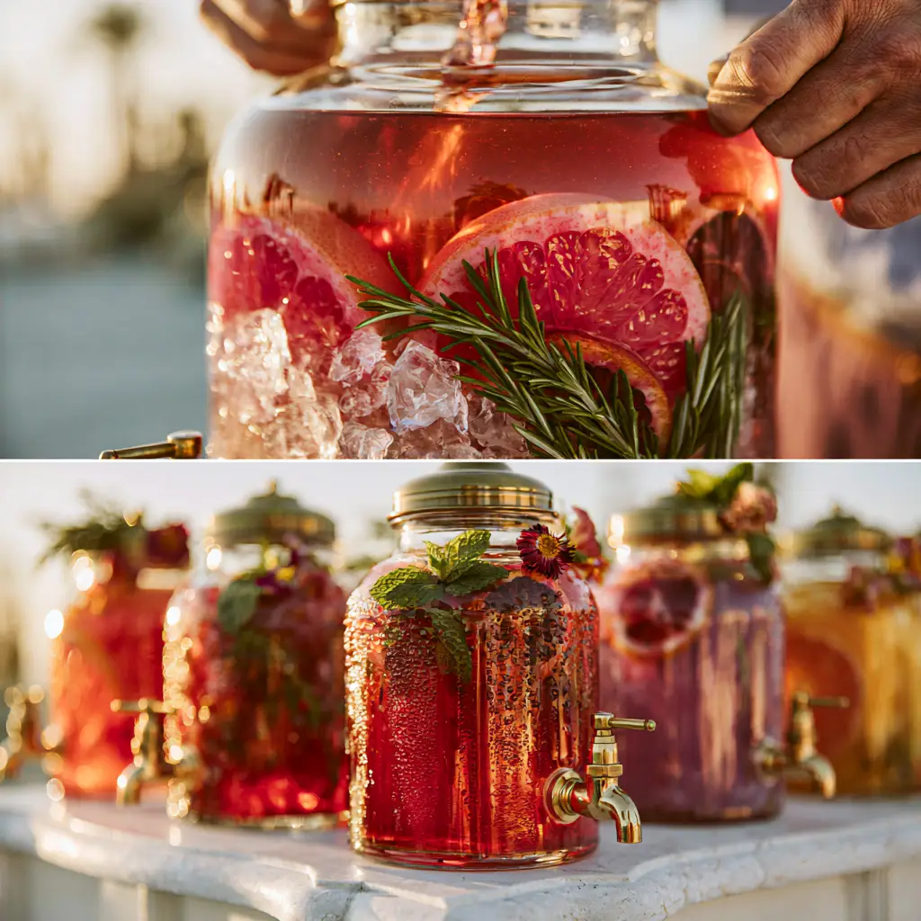 Full DIY drink station for outdoor wedding drinks on a white stone table with gold-rimmed glasses.