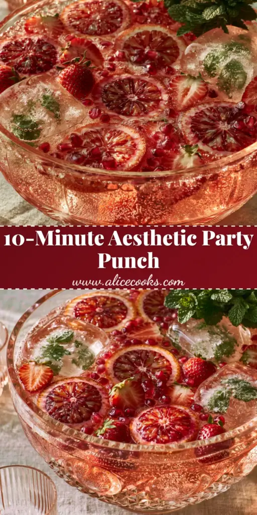 A stunning vintage crystal punch bowl filled with rosy-pink sparkling ginger and blood orange punch, featuring large mint-infused ice blocks. (non-alcoholic party drinks)