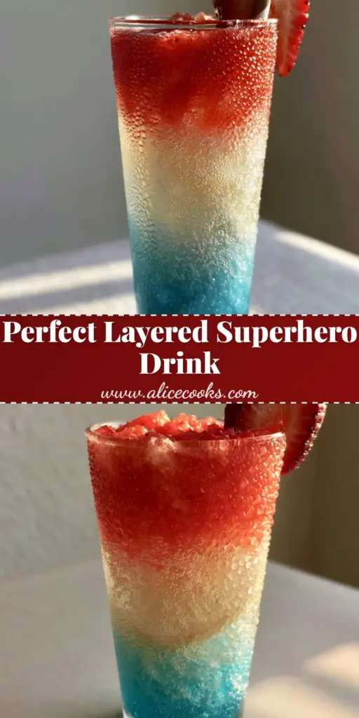 A tall glass showing a perfectly layered superhero drink with blue syrup, clear lemonade, and red juice topper.