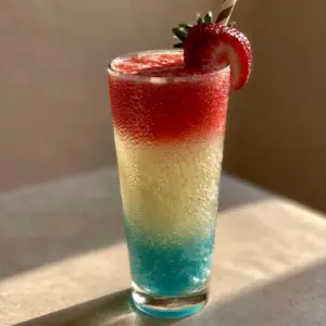 Smartphone photo of a layered superhero drink with vibrant blue, clear, and crimson red sections and a striped straw.