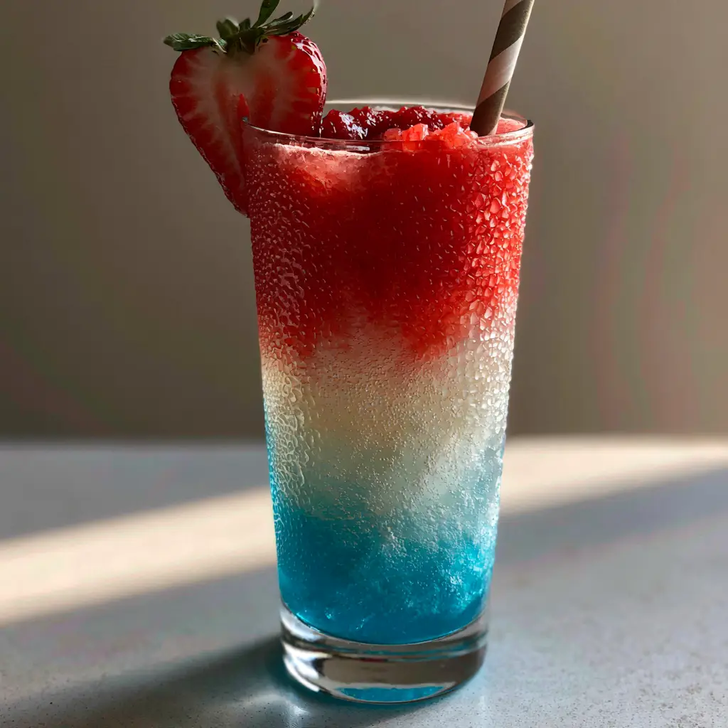 Close up of condensation on a clear glass containing a red, clear, and blue superhero drink garnished with a strawberry.