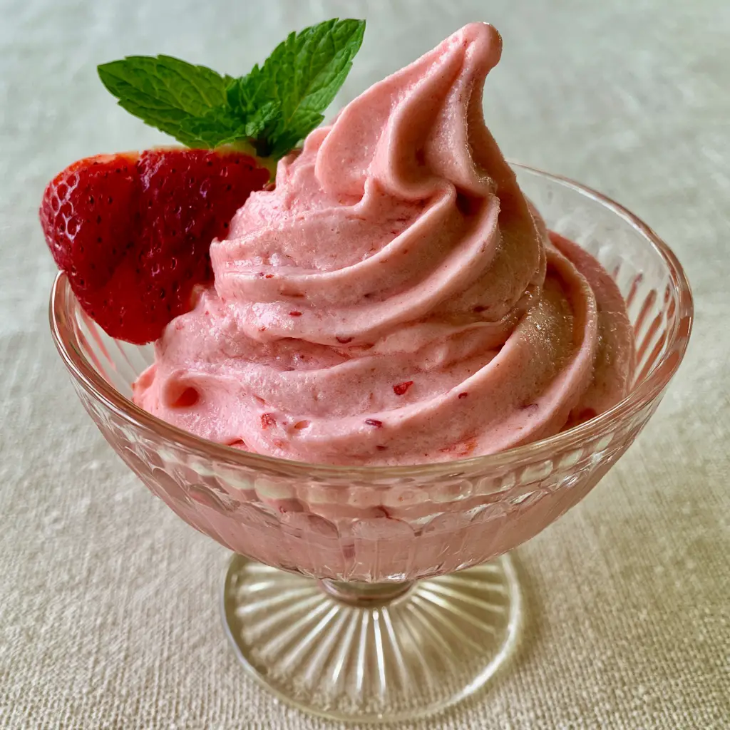 Strawberry Dole Whip: The Ultimate 4-Ingredient Dairy-Free Soft Serve 1 Overhead view of a pastel pink Strawberry Dole Whip garnished with fresh mint on a linen tablecloth.