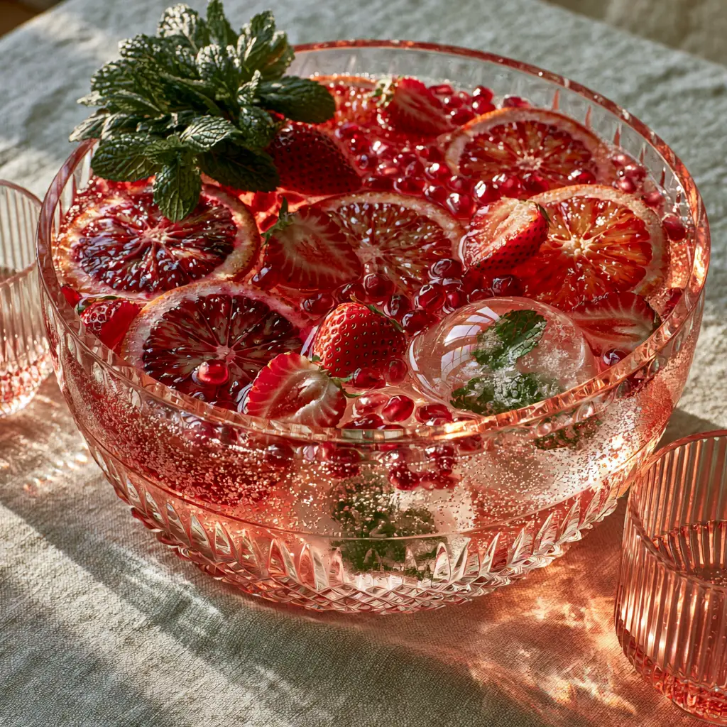 Artisanal ice blocks with frozen mint leaves floating in a sparkling rosy-pink punch bowl next to ribbed glasses.