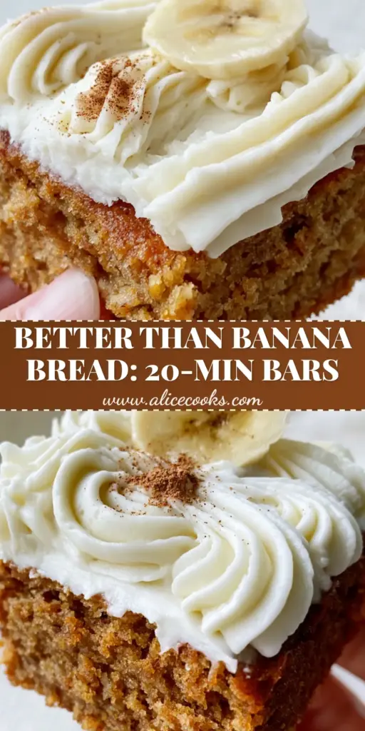 A hand holding a thick square banana bar with white frosting swirls and a cinnamon dusting. (banana bars)