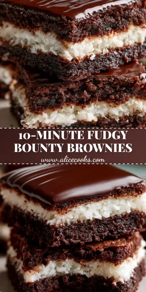 A stack of thick Bounty Brownies showing distinct layers of fudgy chocolate and bright white coconut. (Bounty Brownies)