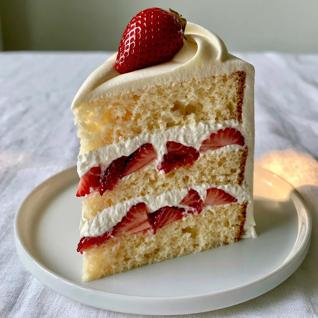 Japanese Strawberry Shortcake: The Ultimate Guide to a Majestic, Cloud-Like Layer Cake 2 Close-up of the airy cloud crumb and precise cream bands of a Japanese strawberry shortcake.