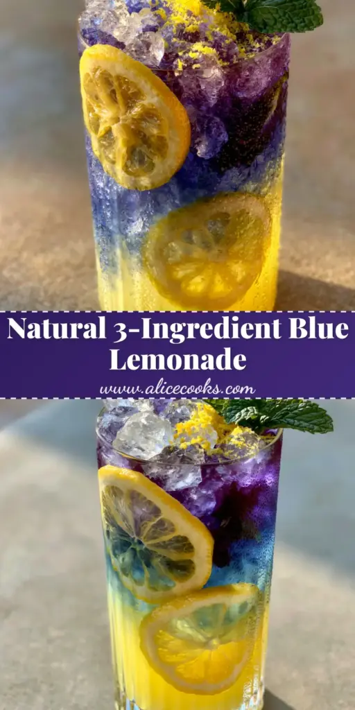 Blue Lemonade: A Naturally Layered Butterfly Pea Flower Refresher 4 A tall ribbed glass of Blue Lemonade with distinct yellow and blue layers, crushed ice, and mint garnish on a concrete table. (Blue Lemonade)