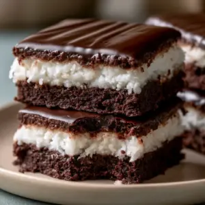 Extreme macro close-up of Bounty Brownies showing the moist shredded coconut filling and ultra-fudgy base. (Bounty Brownies)