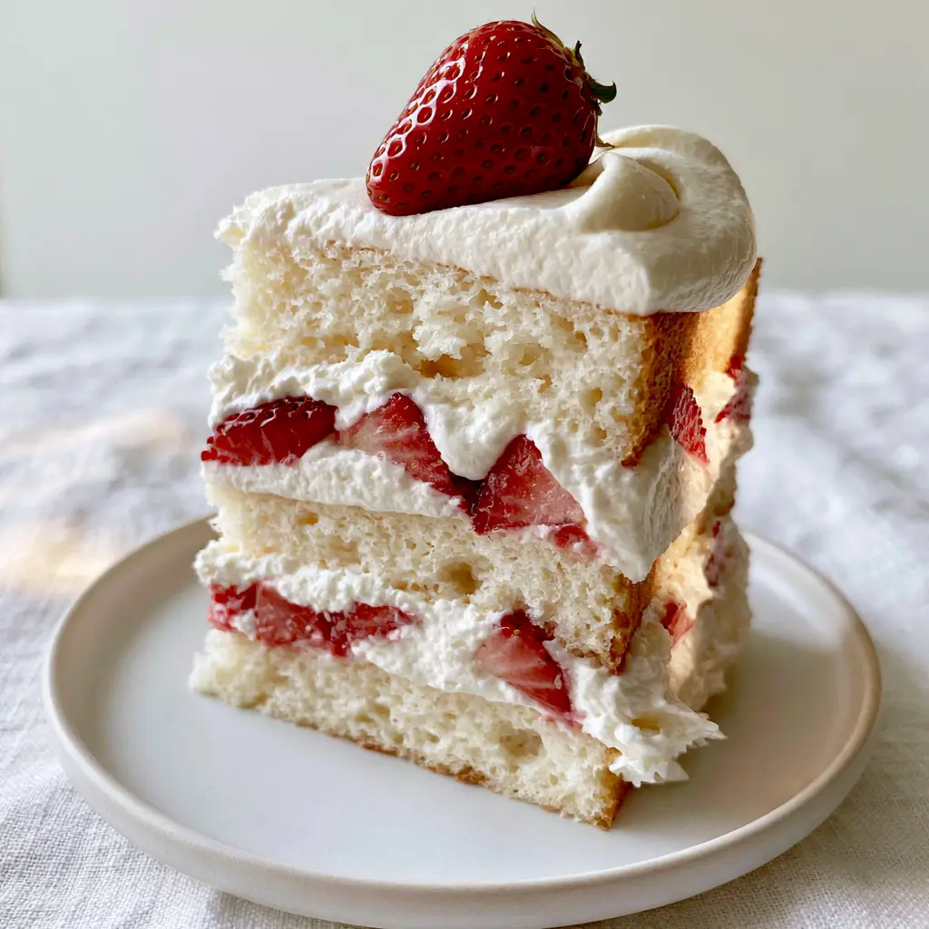 Japanese Strawberry Shortcake: The Ultimate Guide to a Majestic, Cloud-Like Layer Cake 1 A professional smartphone photo of a Japanese strawberry shortcake with a glazed strawberry garnish and smooth cream swirls.