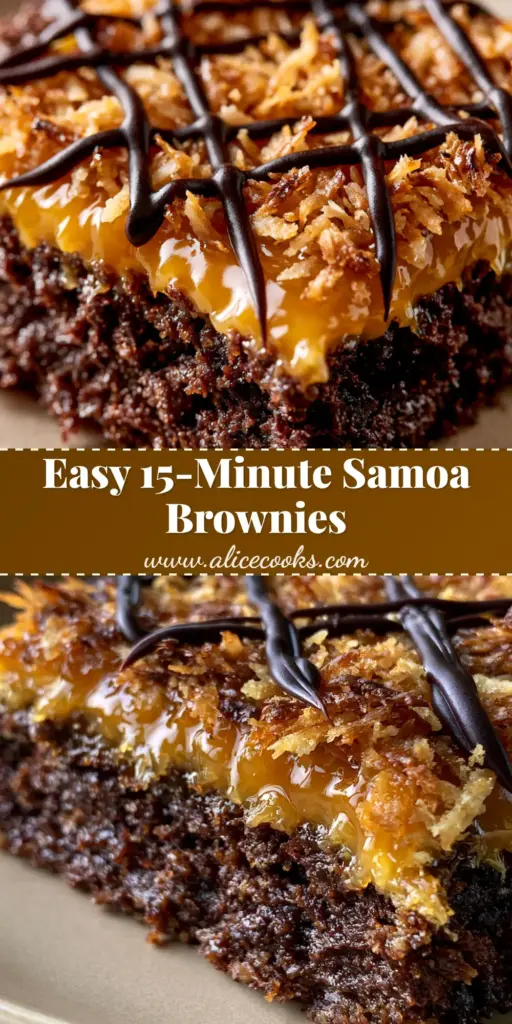 A stack of sliced Samoa Brownies showing layers of dark chocolate fudge, amber caramel, and golden toasted coconut. (Samoa Brownies)