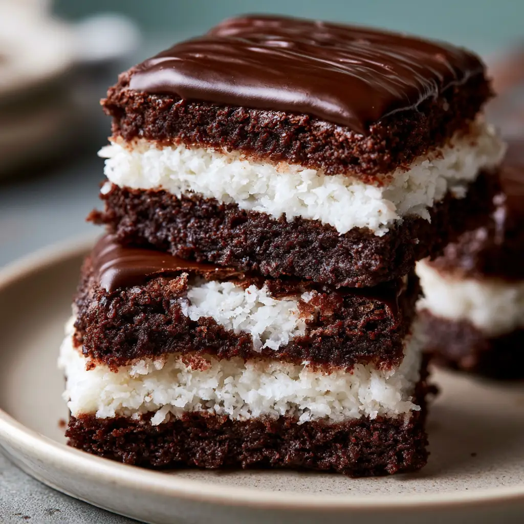 A broken Bounty Brownie revealing the perfect bond between the chocolate ganache and coconut center.