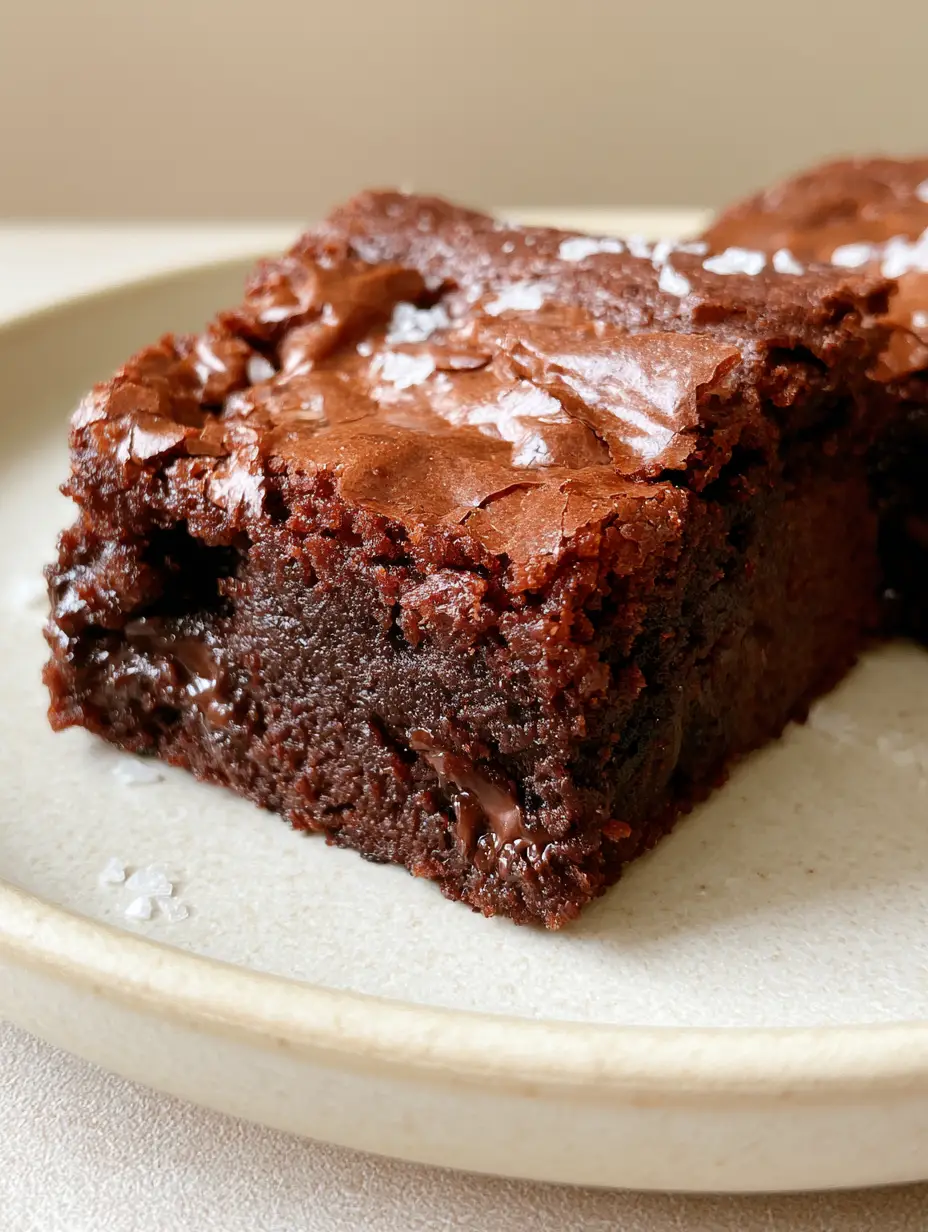 Brownies with a Crinkled Crust and Molten Chocolate Chunks 3 Extreme close-up of a brownie slice showing the paper-thin crinkled crust and dense interior. (Brownies)