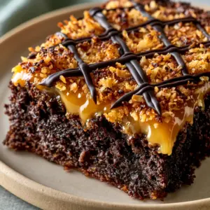 Extreme close-up of a chewy fudge brownie with a thick layer of golden-amber caramel and toasted coconut. (Samoa Brownies)