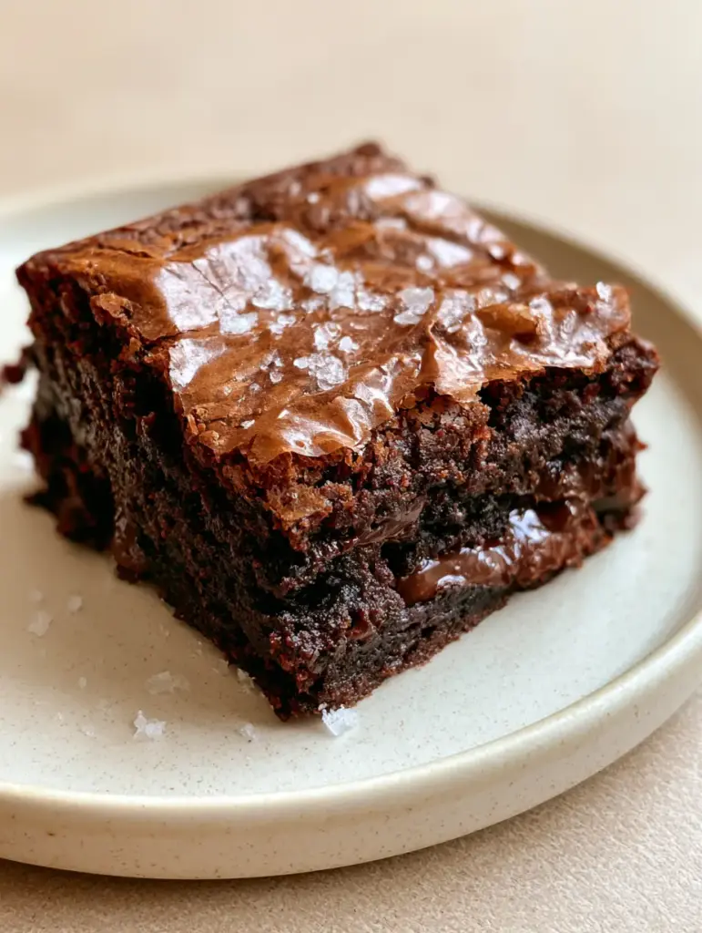 Brownies with a Crinkled Crust and Molten Chocolate Chunks 1 Close-up of melted dark chocolate pockets inside a fudgy brownie slice on a cream plate.
