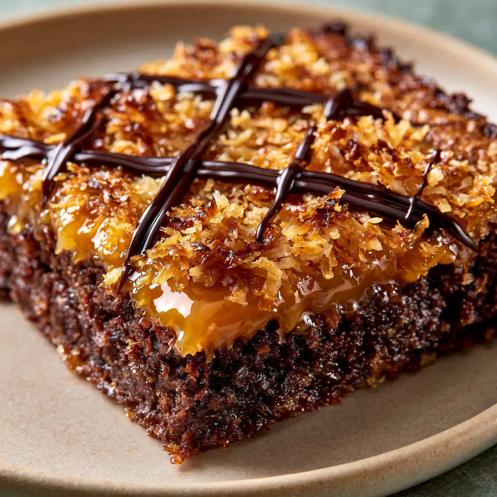 Top-down view of Samoa Brownies with a dark chocolate crisscross drizzle and toasted coconut flakes.