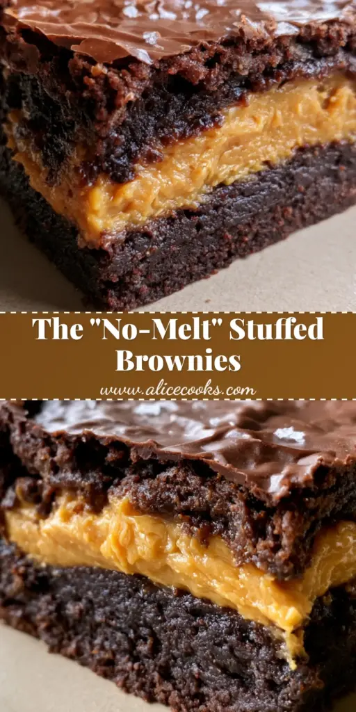 A stack of peanut butter stuffed brownies showing the distinct golden filling and dark chocolate layers with sea salt.