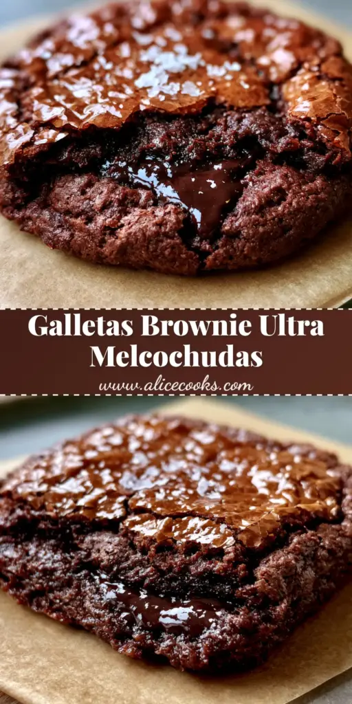 A close-up view of a thick galletas de brownie with a shiny crinkled top and a molten dark chocolate pocket oozing out.