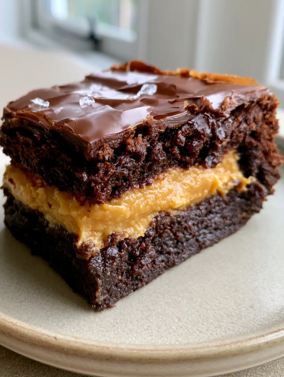 A close up smartphone photo of a single sliced fudgy brownie on a ceramic plate, highlighting the peanut butter stuffed brownies center.