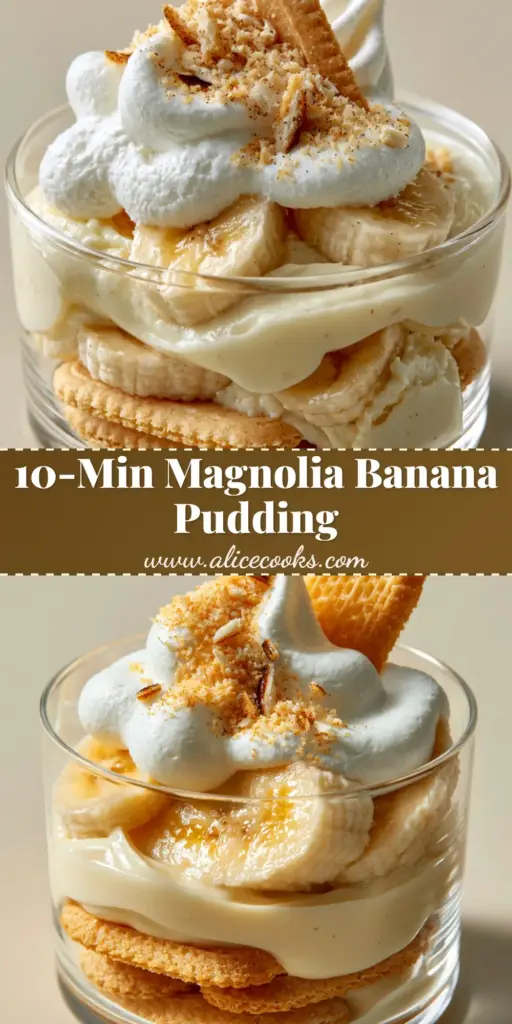A single portion of Magnolia Bakery banana pudding in a glass dish featuring clean layers of wafers, custard, and bananas with a whole wafer on top.