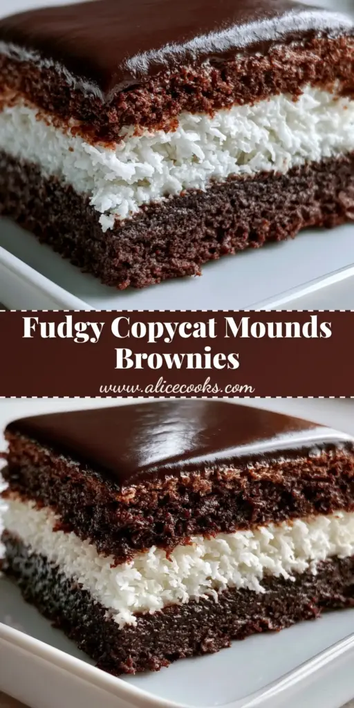 A close-up shot of perfectly sliced Mounds brownies showing three distinct layers: dark chocolate, snowy white coconut, and glossy glaze.