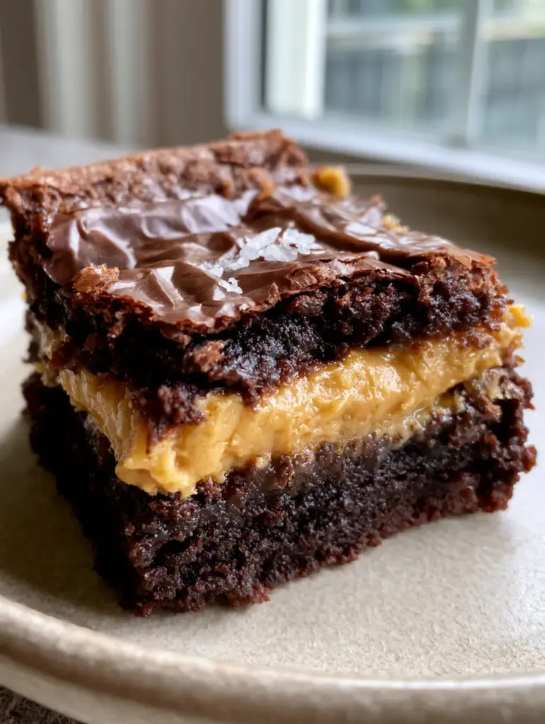 Handheld photo showing the shiny crinkled chocolate crust of the peanut butter stuffed brownies.