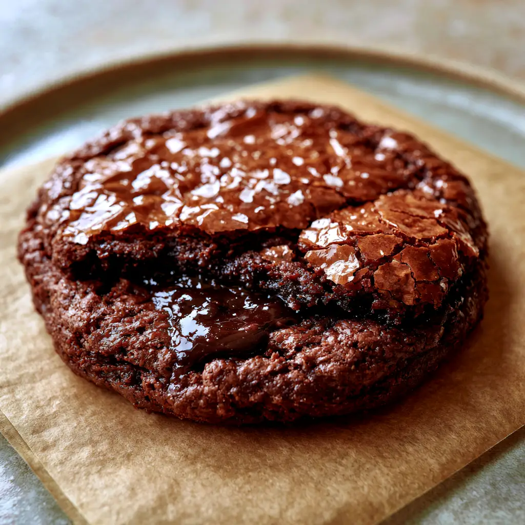 Close up of a fudgy galleta de brownie with sea salt flakes and a molten dark chocolate center.