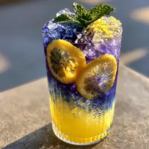 Natural daylight illuminating the vibrant royal blue and yellow layers of a Blue Lemonade in a ribbed glass. (Blue Lemonade)