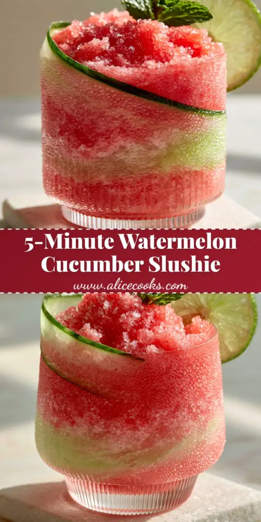 A close-up of frosty watermelon cucumber slushies in a ribbed glass with a lime wheel and mint sprig garnish.